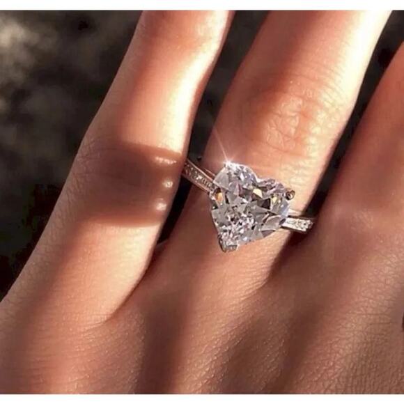 4 Carat Diamond Sterling Silver Heart Solitaire Ring Size 7 - Picture 2 of 11